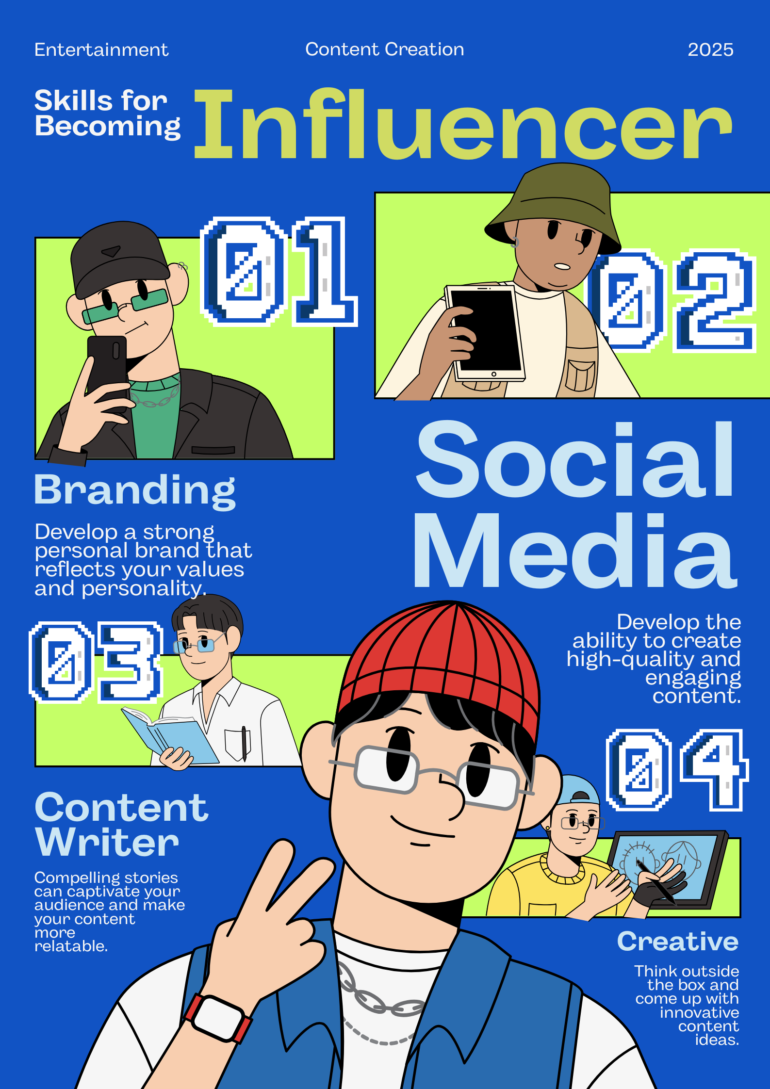 blue and green geometric illustrative influencer tips poster